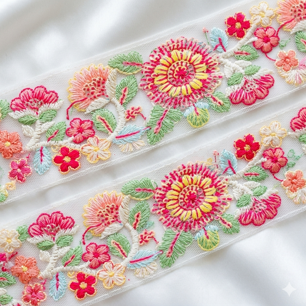 Handcrafted Floral Embroidered Lace Trim with Ornate Sequin Detailing