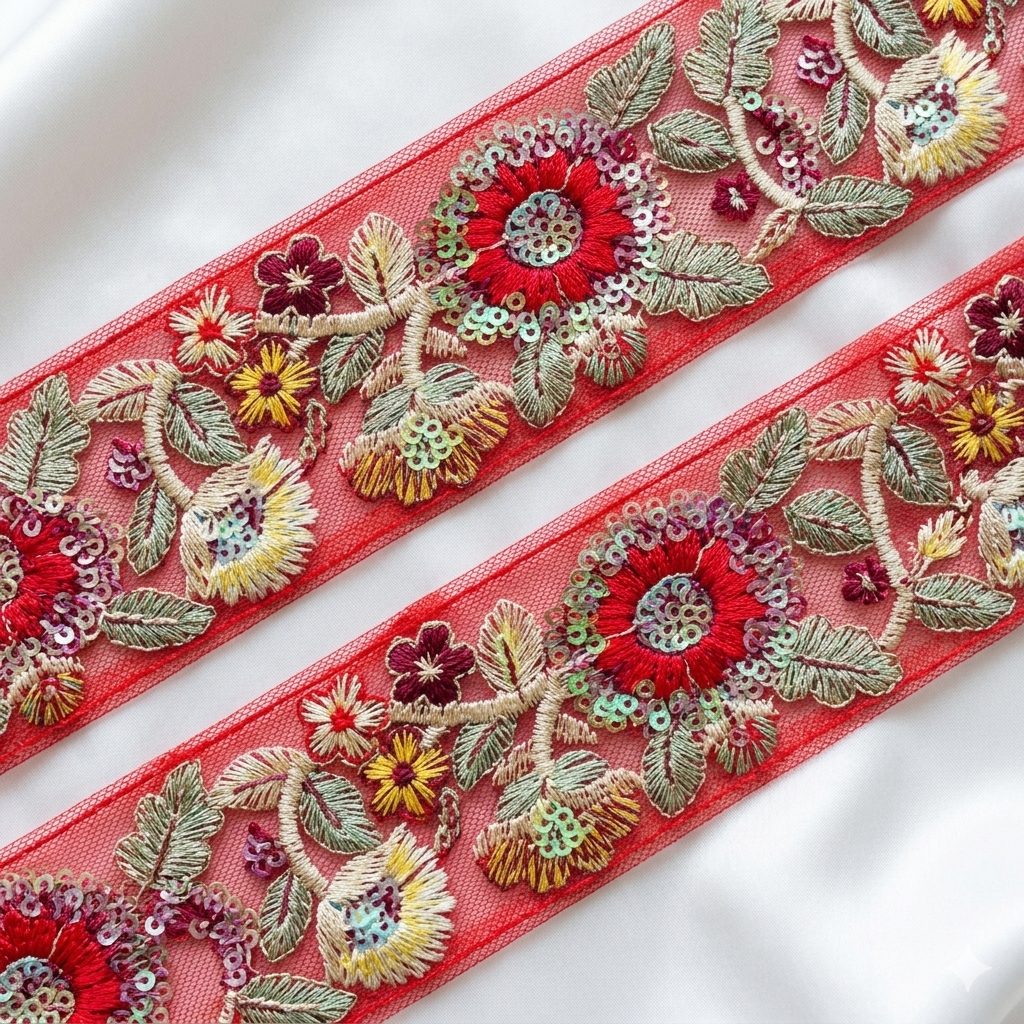 Handcrafted Floral Embroidered Lace Trim with Ornate Sequin Detailing