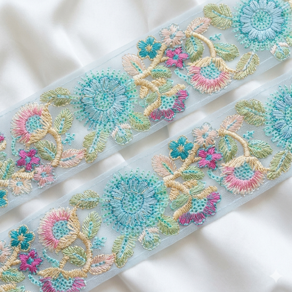 Handcrafted Floral Embroidered Lace Trim with Ornate Sequin Detailing