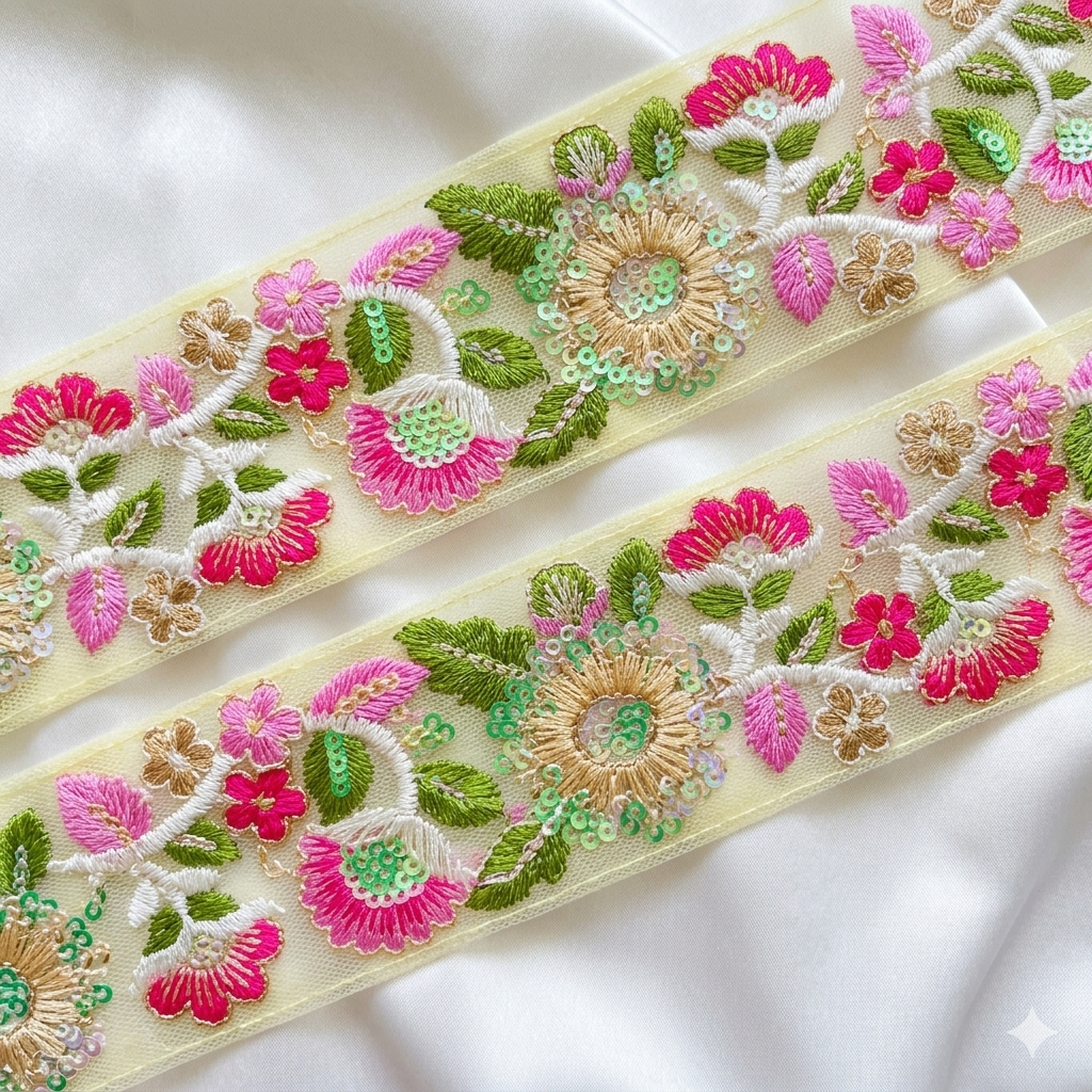 Handcrafted Floral Embroidered Lace Trim with Ornate Sequin Detailing