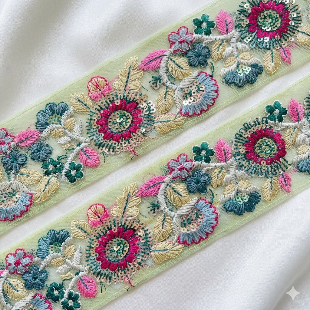 Handcrafted Floral Embroidered Lace Trim with Ornate Sequin Detailing