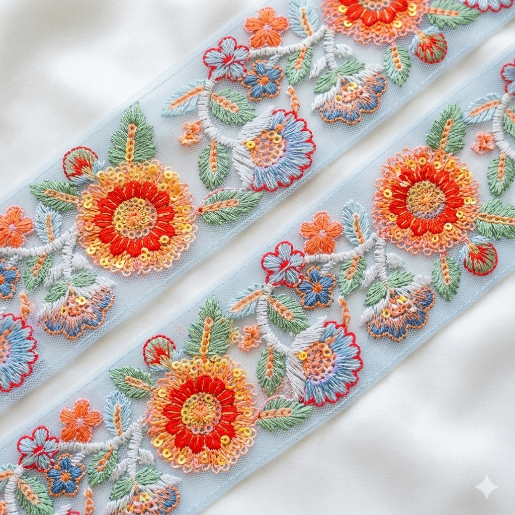 Handcrafted Floral Embroidered Lace Trim with Ornate Sequin Detailing