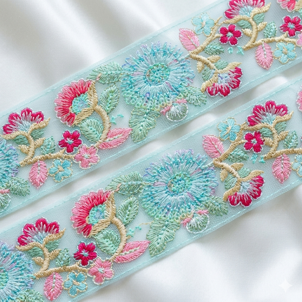 Handcrafted Floral Embroidered Lace Trim with Ornate Sequin Detailing