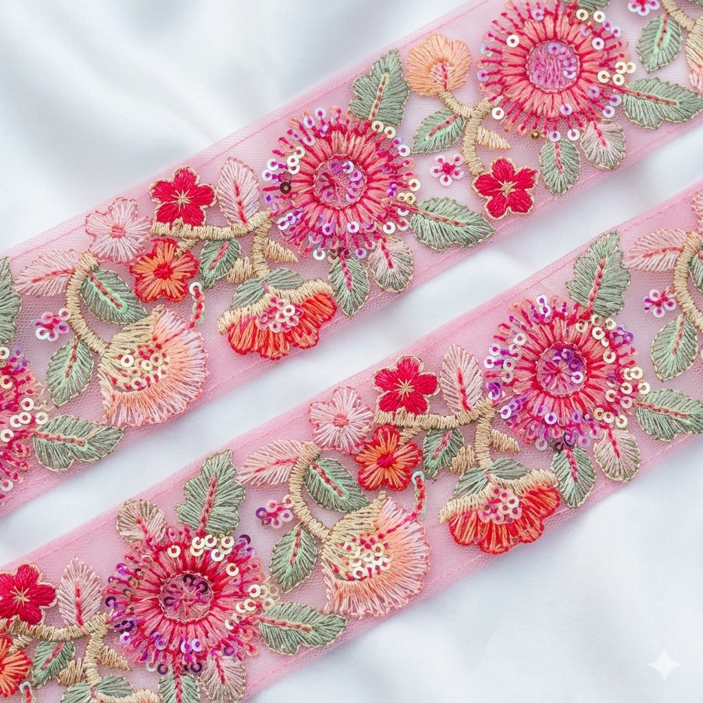 Handcrafted Floral Embroidered Lace Trim with Ornate Sequin Detailing