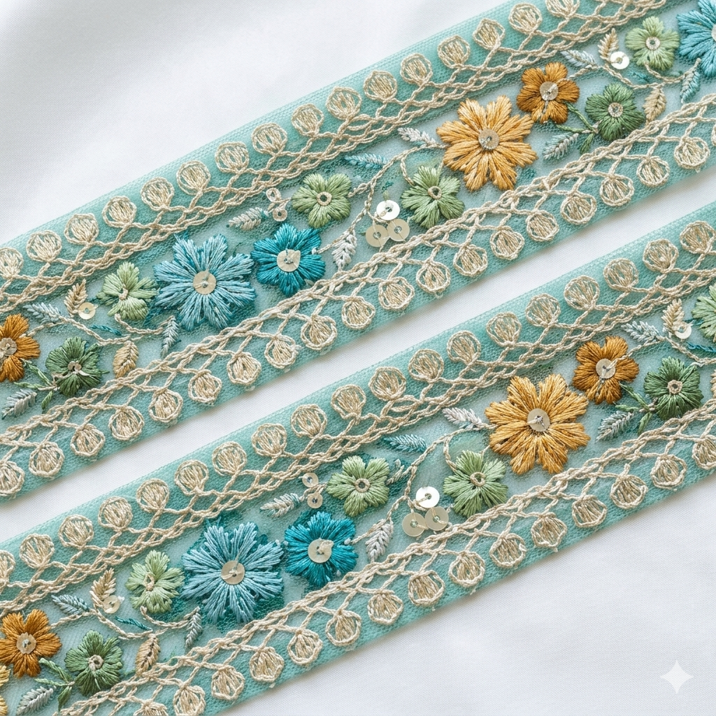 Handcrafted Floral Embroidery Lace Border on Net