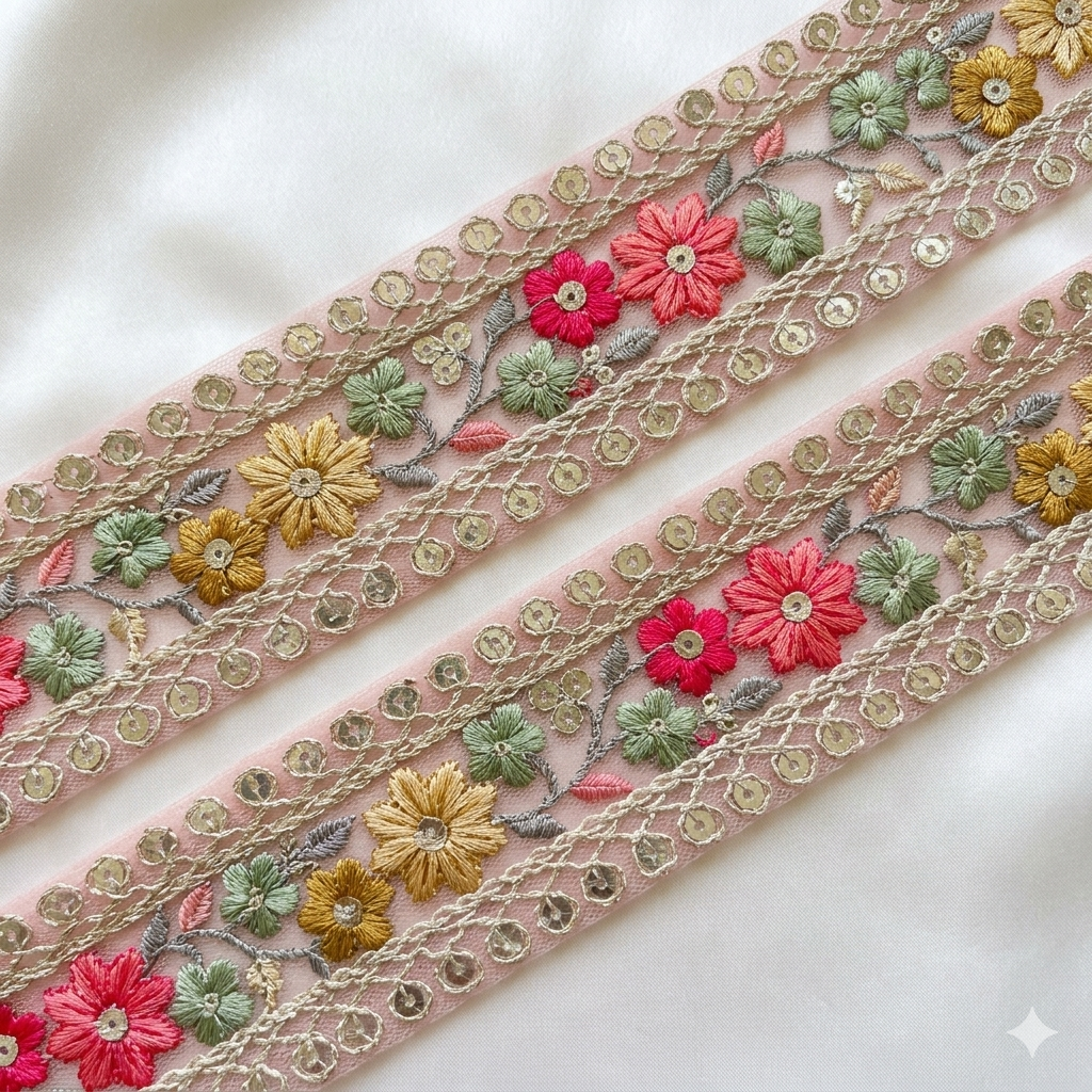 Handcrafted Floral Embroidery Lace Border on Net