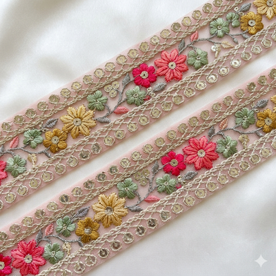 Handcrafted Floral Embroidery Lace Border on Net hover