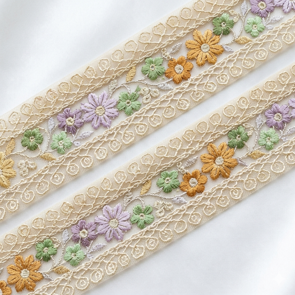 Handcrafted Floral Embroidery Lace Border on Net