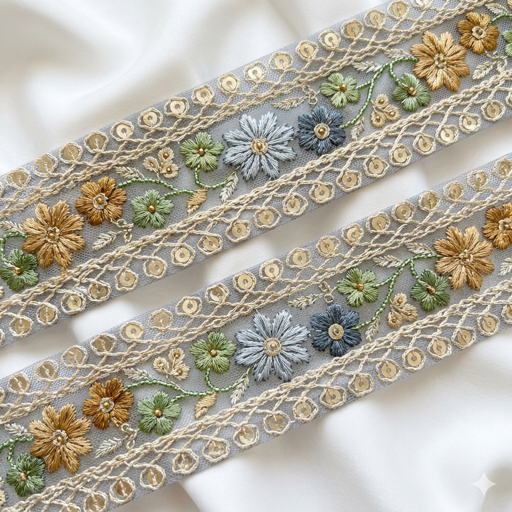 Handcrafted Floral Embroidery Lace Border on Net
