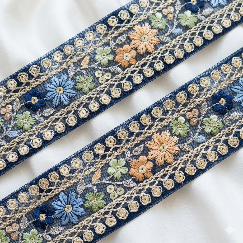 Handcrafted Floral Embroidery Lace Border on Net