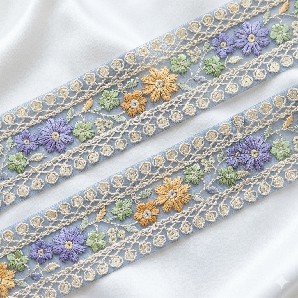 Handcrafted Floral Embroidery Lace Border on Net