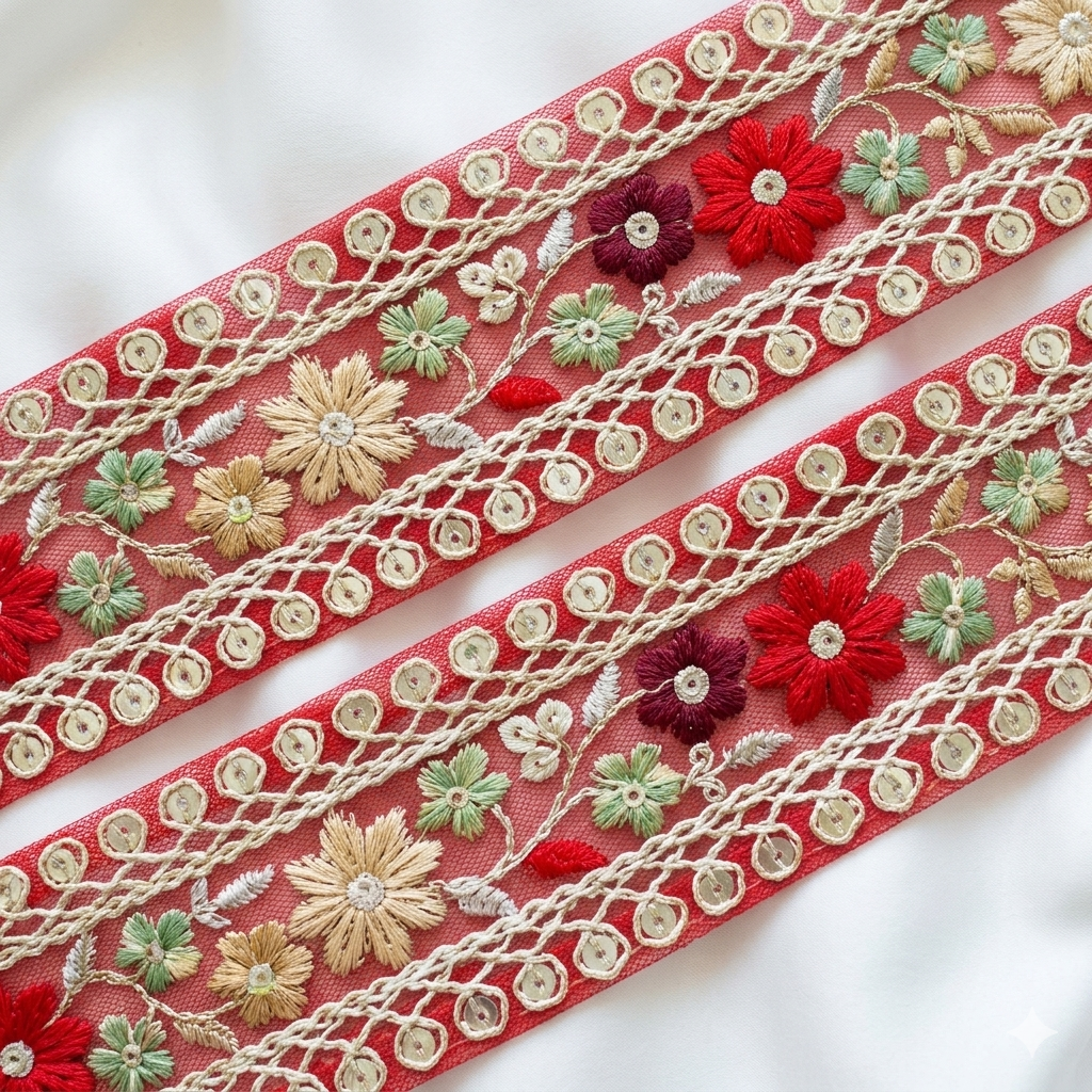 Handcrafted Floral Embroidery Lace Border on Net