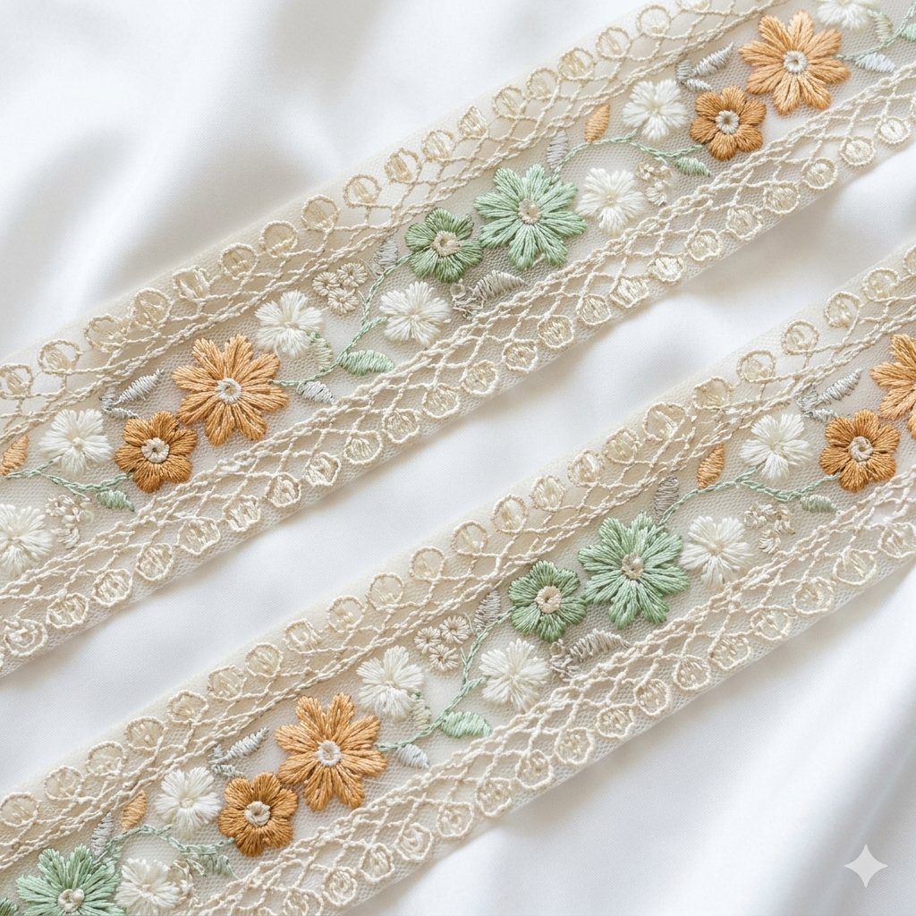 Handcrafted Floral Embroidery Lace Border on Net