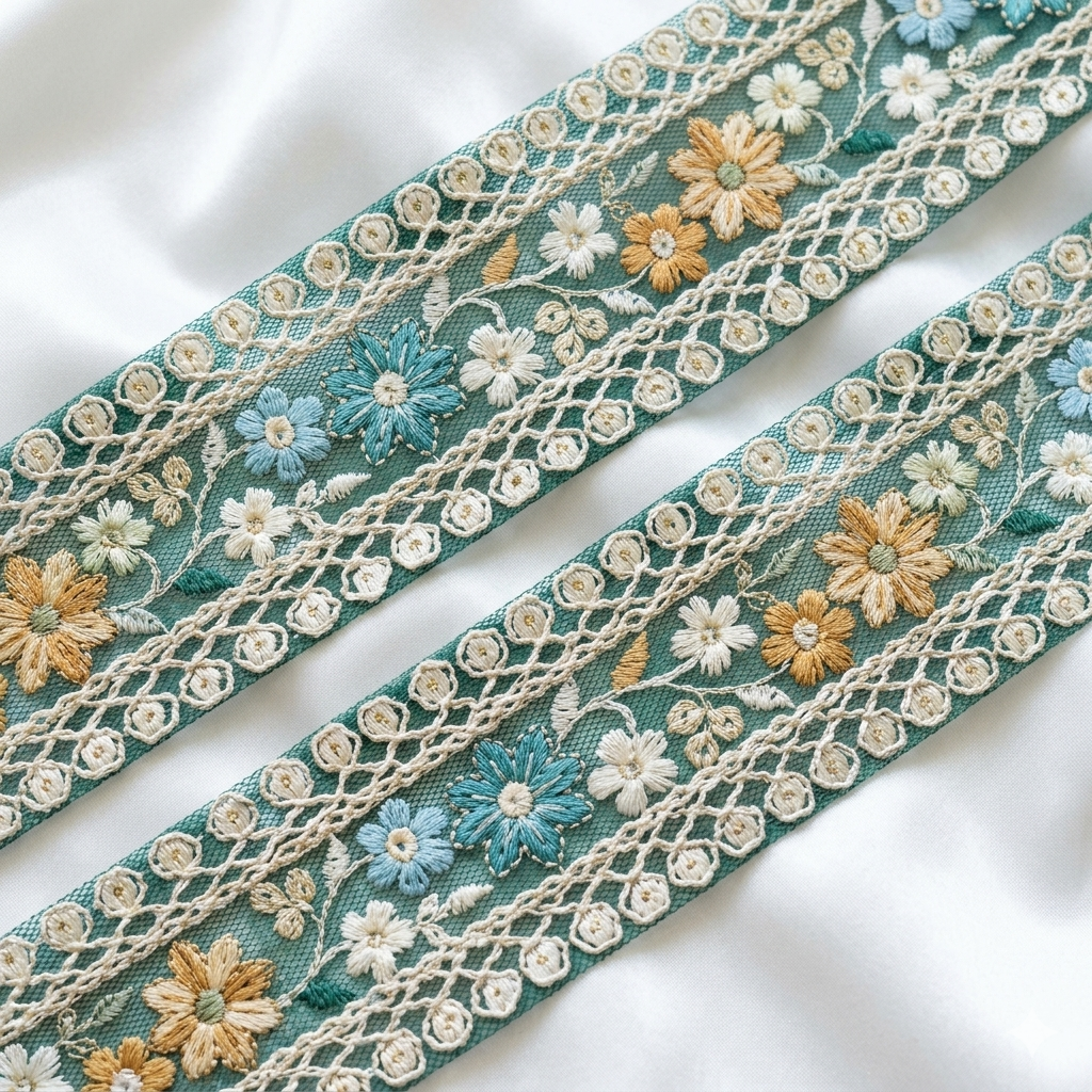 Handcrafted Floral Embroidery Lace Border on Net