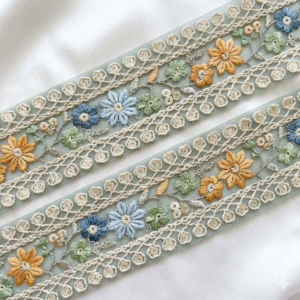 Handcrafted Floral Embroidery Lace Border on Net