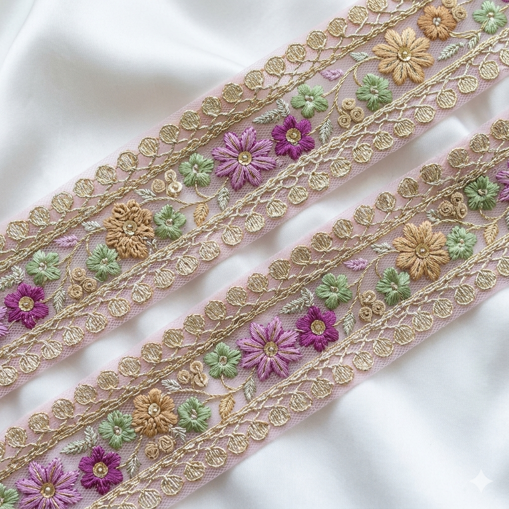 Handcrafted Floral Embroidery Lace Border on Net