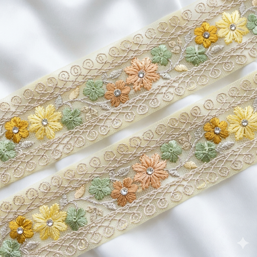 Handcrafted Floral Embroidery Lace Border on Net
