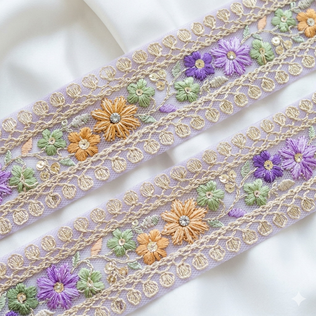 Handcrafted Floral Embroidery Lace Border on Net