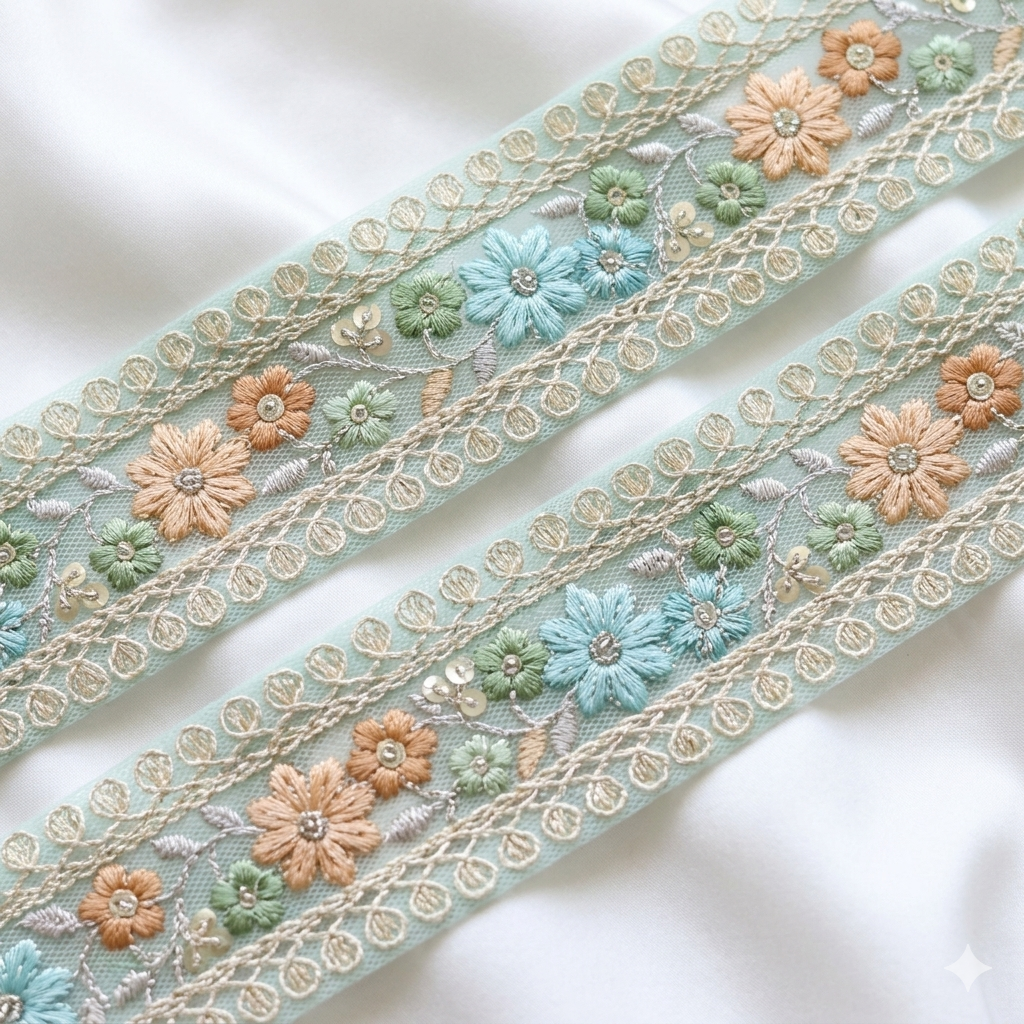 Handcrafted Floral Embroidery Lace Border on Net