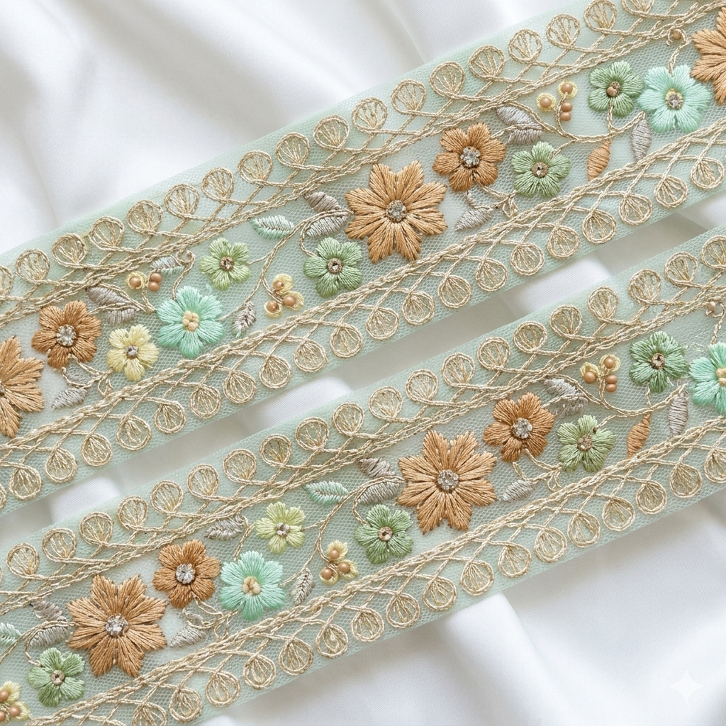 Handcrafted Floral Embroidery Lace Border on Net