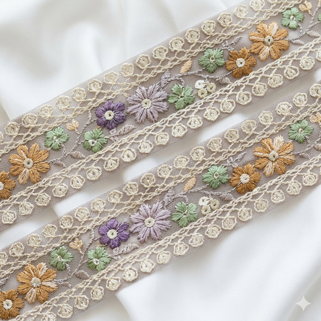 Handcrafted Floral Embroidery Lace Border on Net