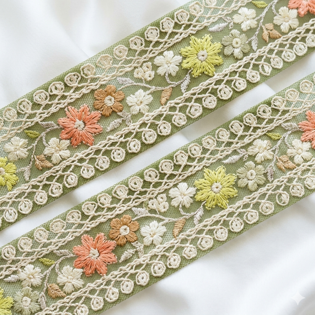 Handcrafted Floral Embroidery Lace Border on Net