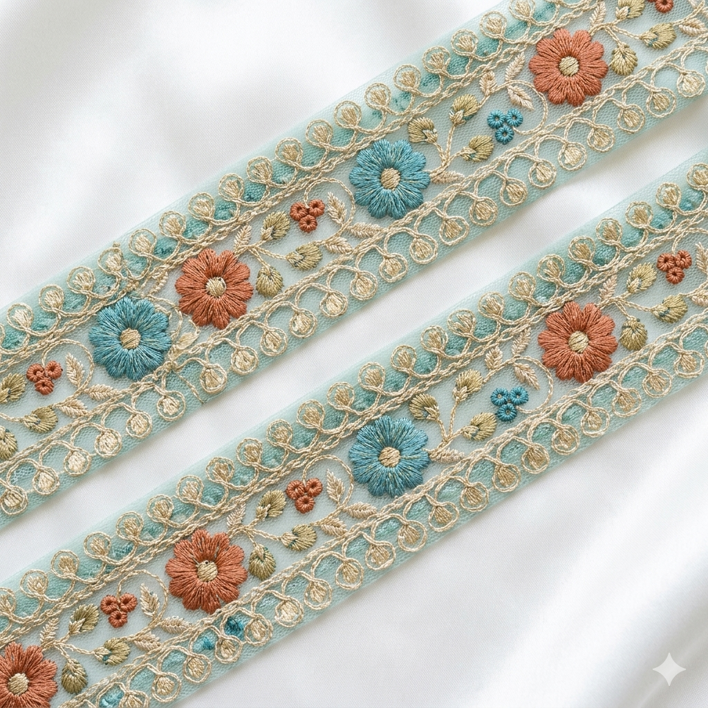 Handcrafted Floral Embroidery Lace Border on Net