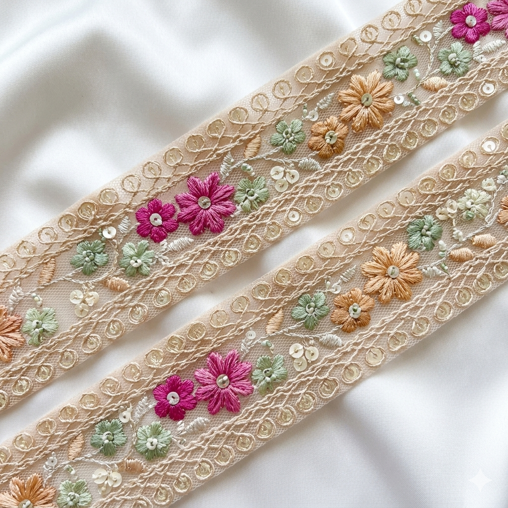 Handcrafted Floral Embroidery Lace Border on Net