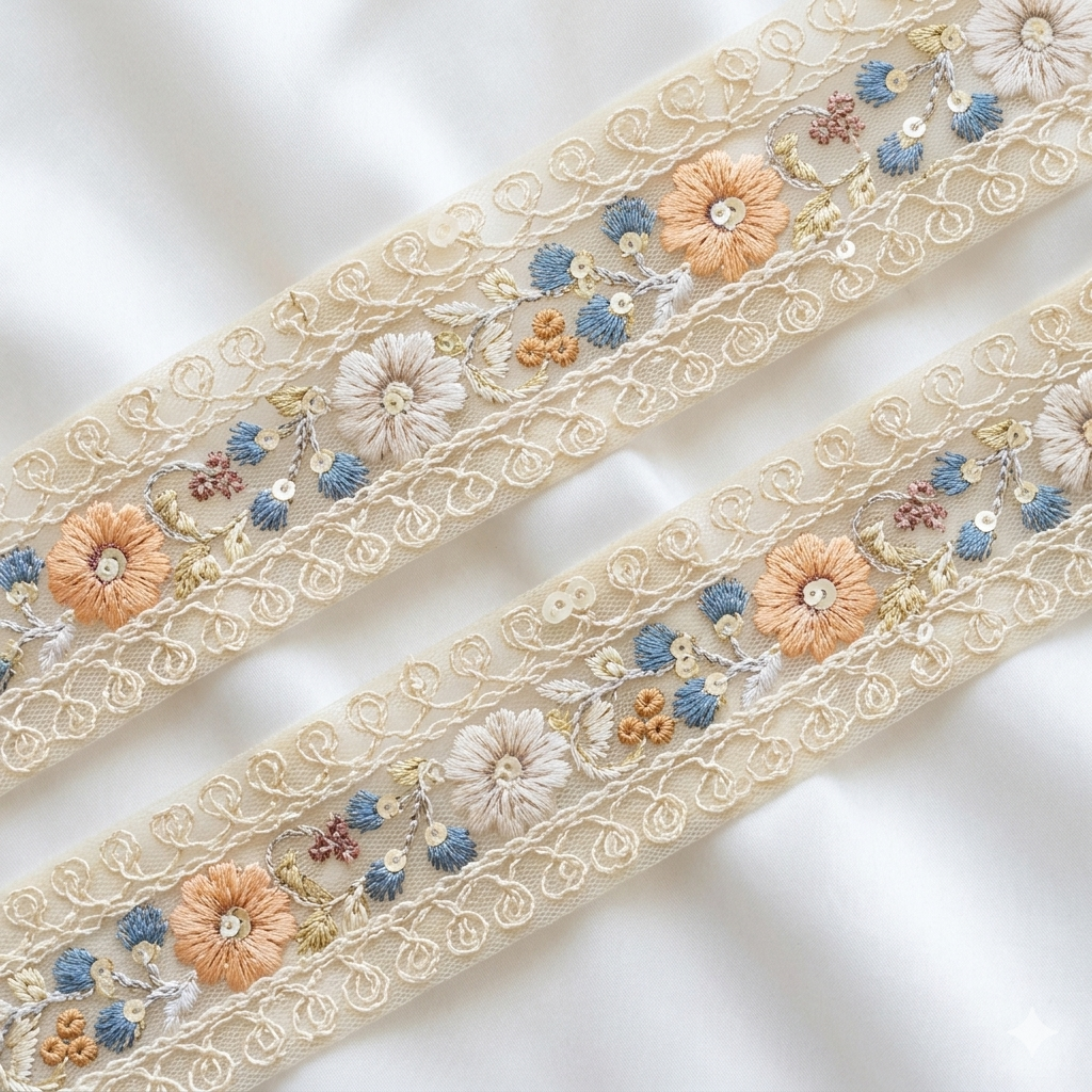 Handcrafted Floral Embroidery Lace Border on Net
