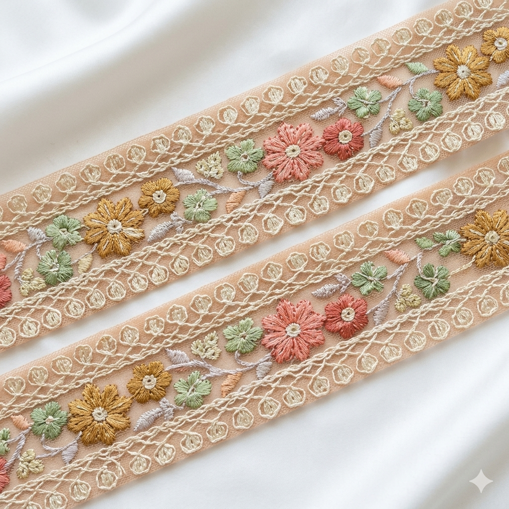 Handcrafted Floral Embroidery Lace Border on Net