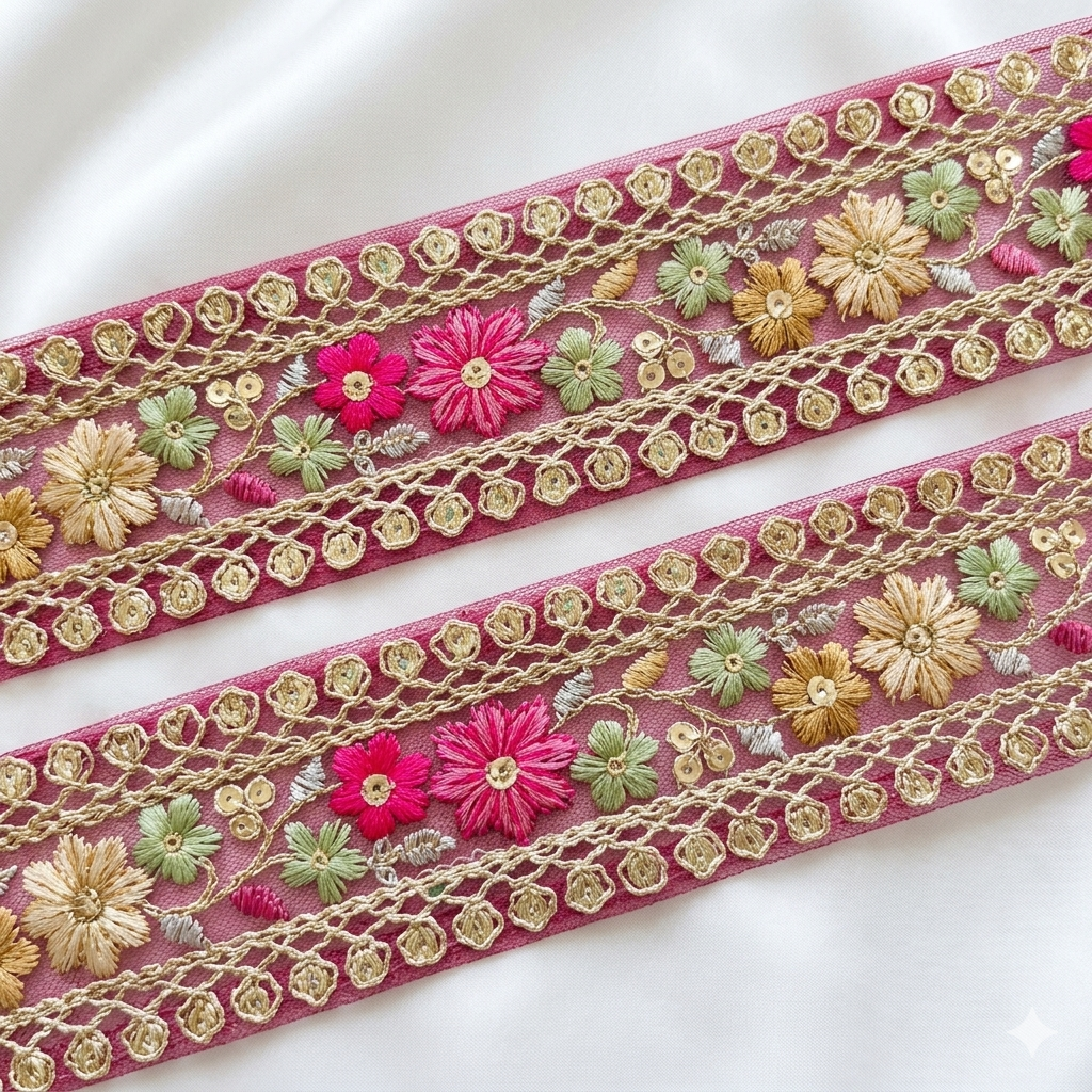 Handcrafted Floral Embroidery Lace Border on Net