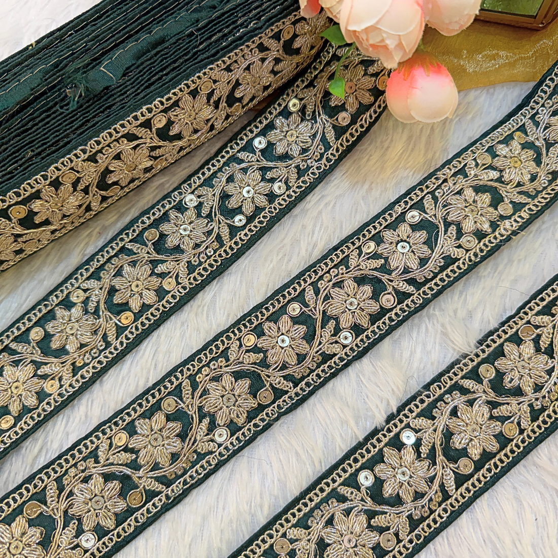Dark Green Fancy Sequin Work Trim