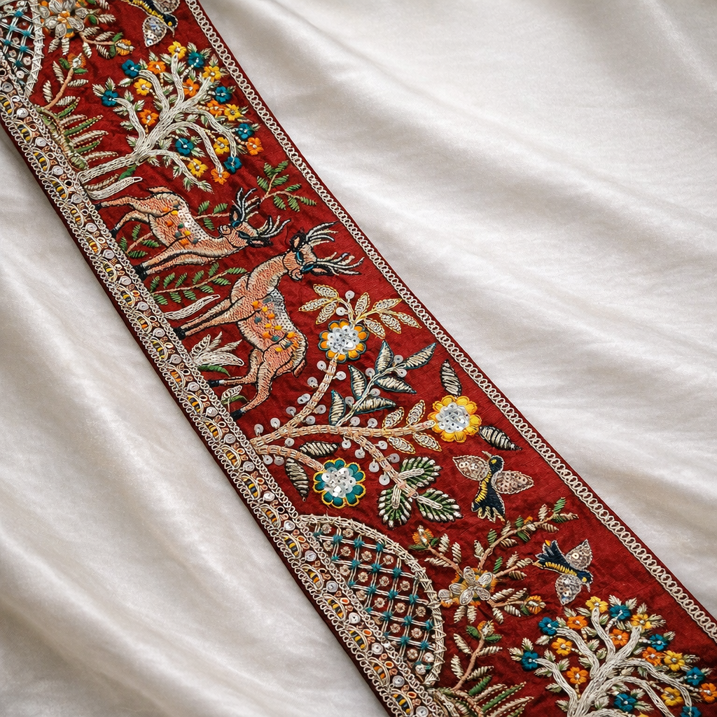 Designer Deer & Floral Embroidered Statement Trim