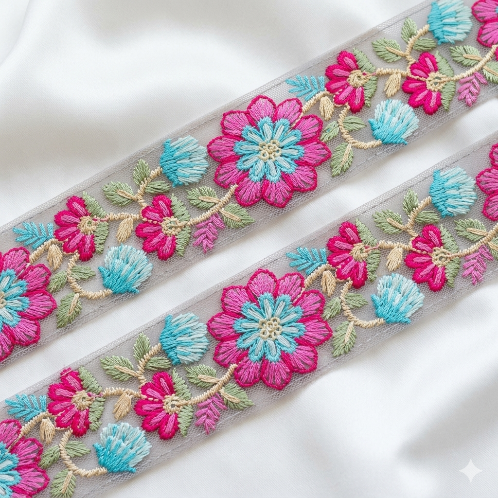 Handcrafted Floral Embroidered Net Lace Trim Border