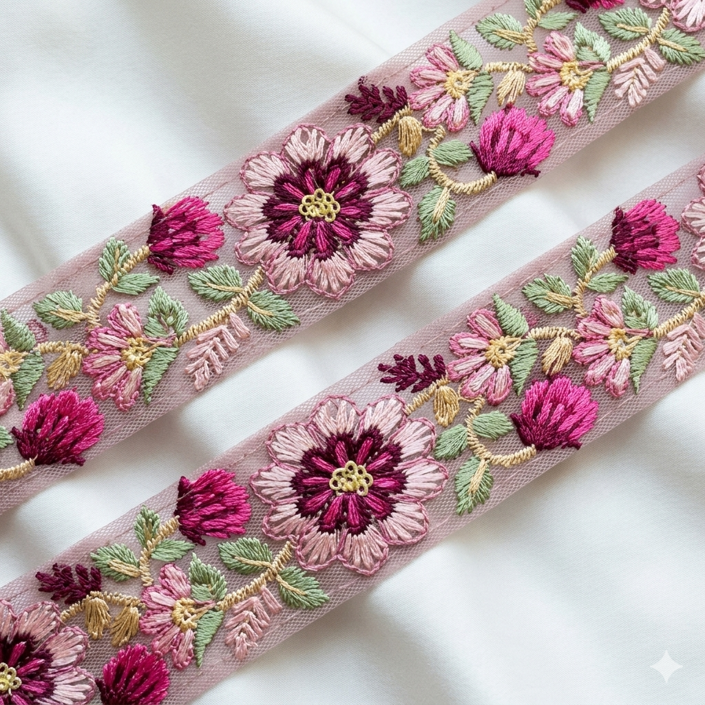 Handcrafted Floral Embroidered Net Lace Trim Border