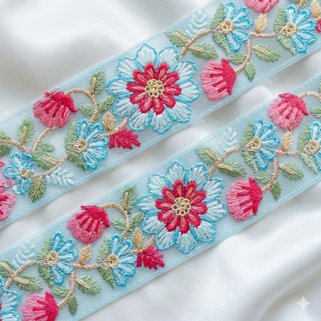 Handcrafted Floral Embroidered Net Lace Trim Border