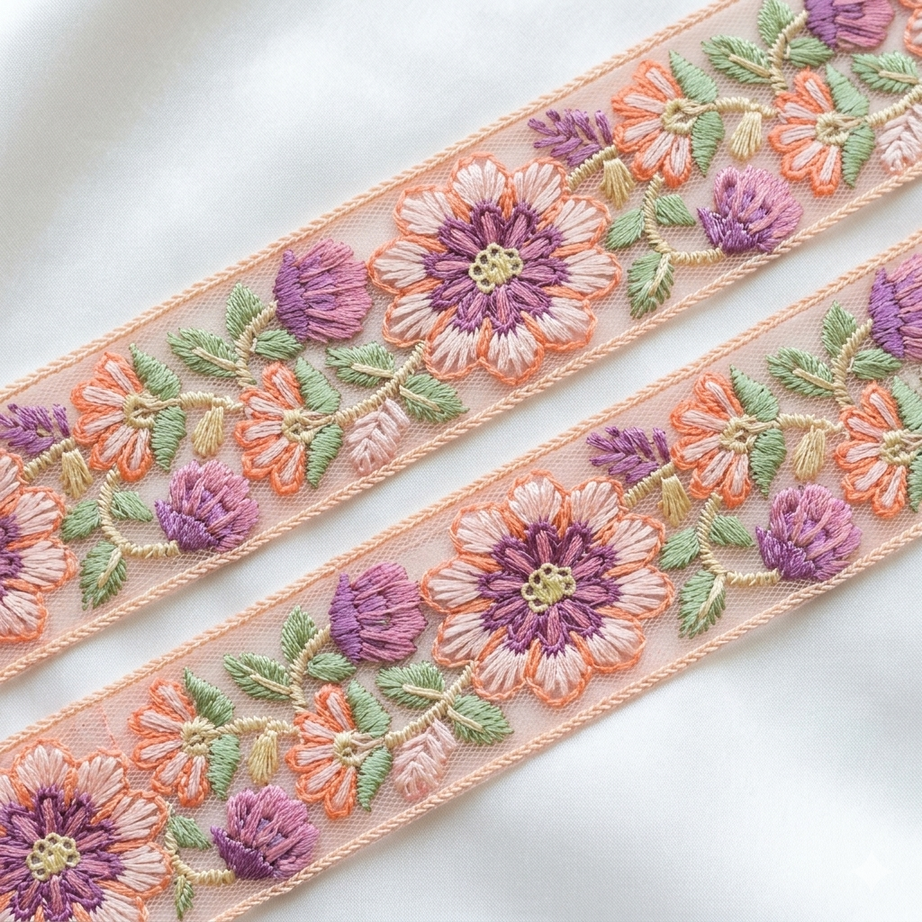 Handcrafted Floral Embroidered Net Lace Trim Border