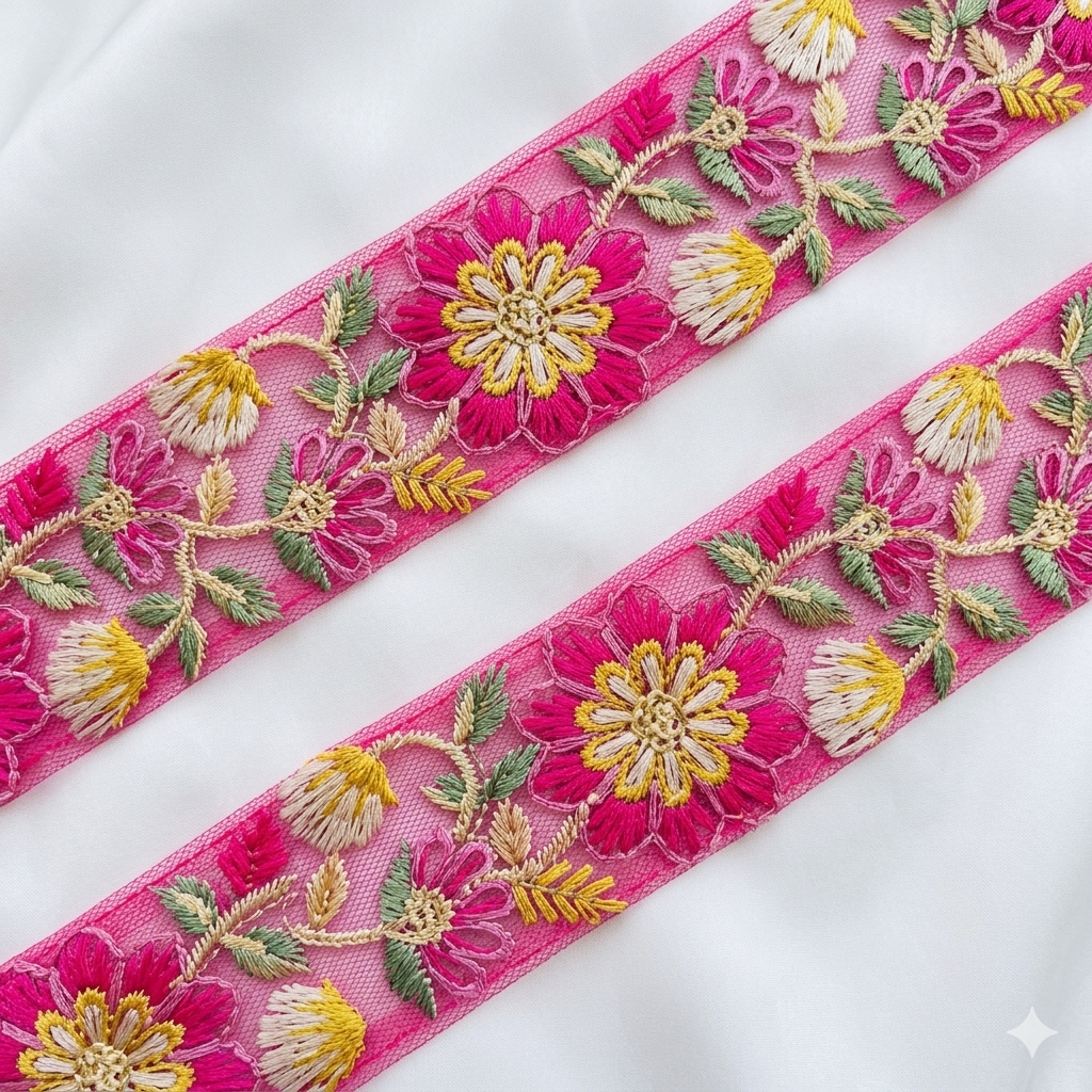 Handcrafted Floral Embroidered Net Lace Trim Border