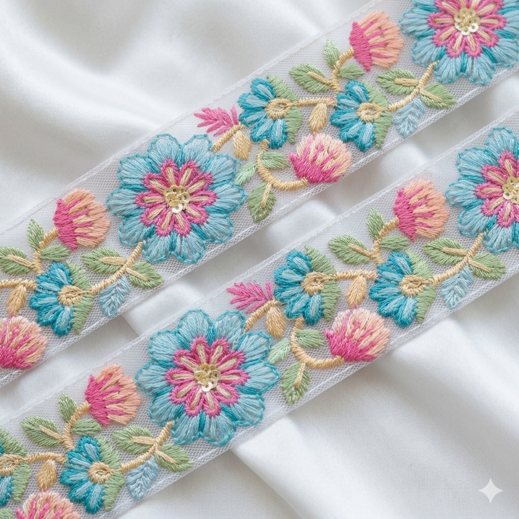 Handcrafted Floral Embroidered Net Lace Trim Border