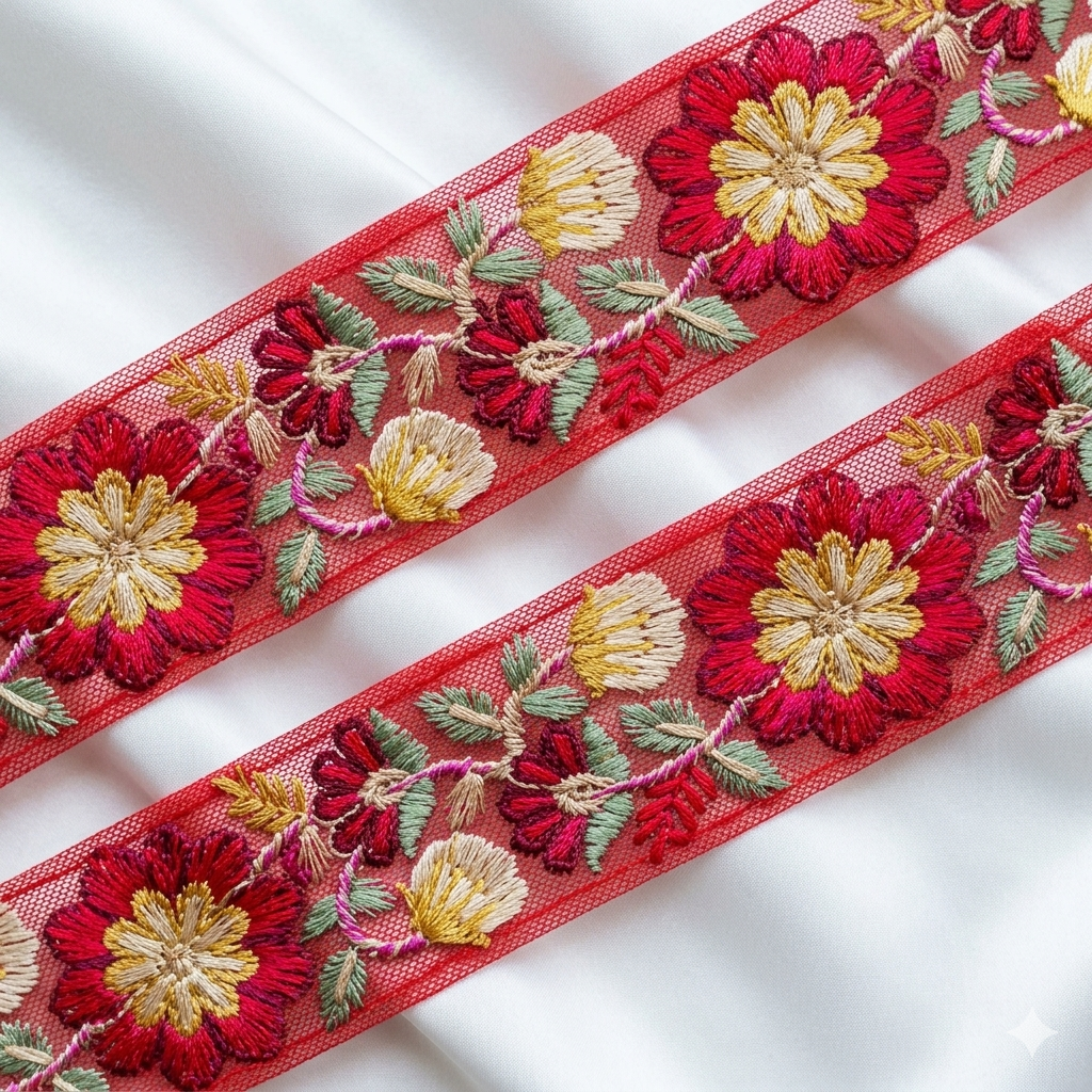 Handcrafted Floral Embroidered Net Lace Trim Border