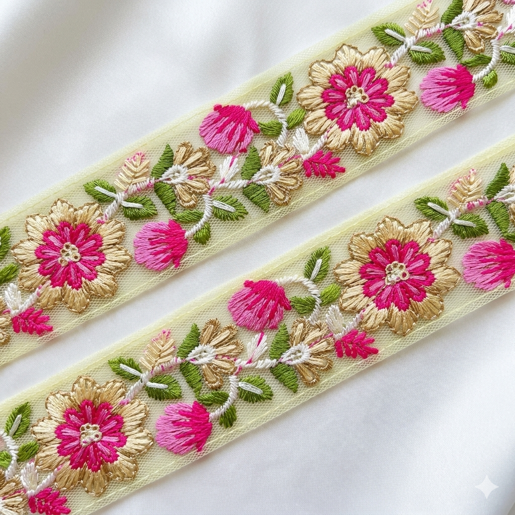 Handcrafted Floral Embroidered Net Lace Trim Border