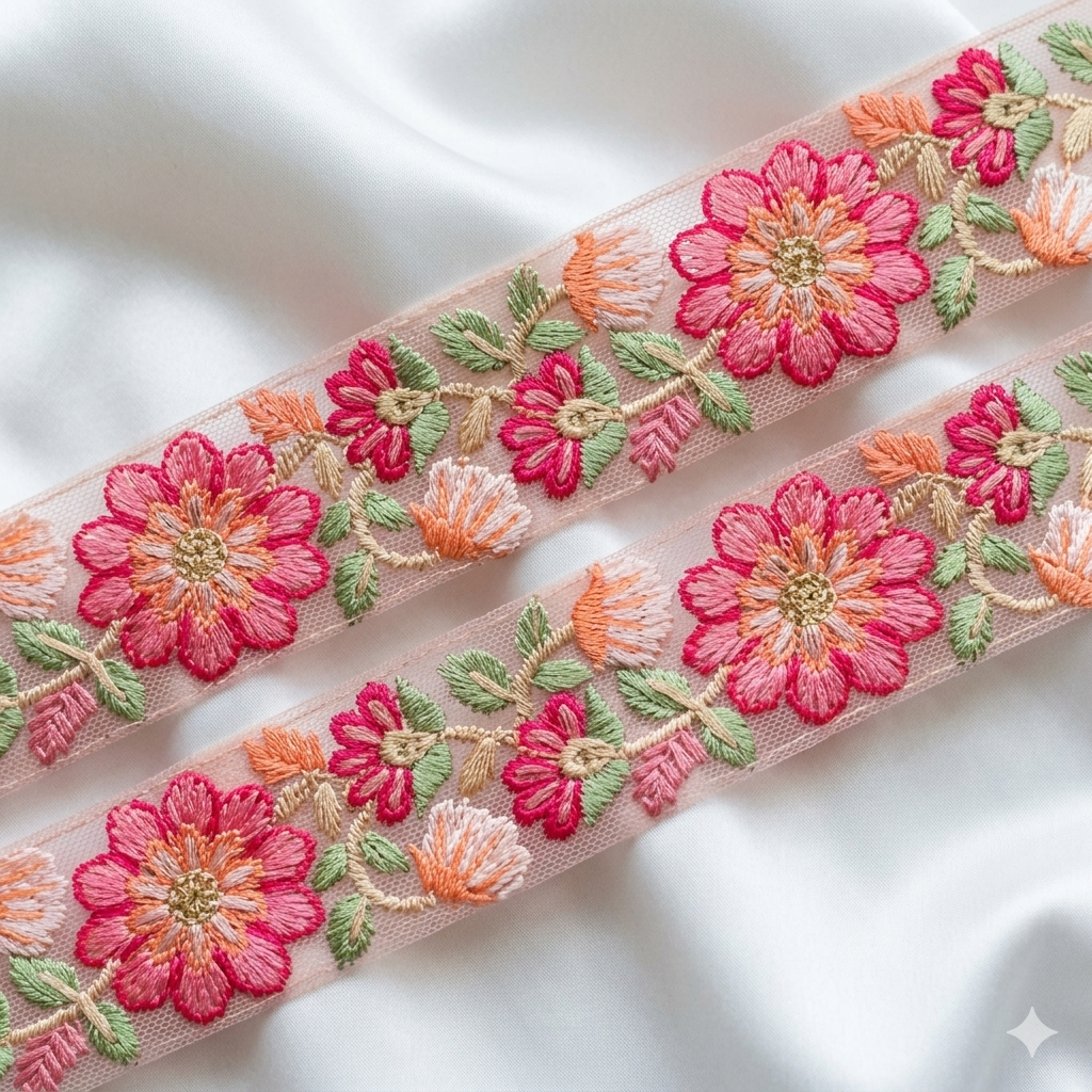 Handcrafted Floral Embroidered Net Lace Trim Border