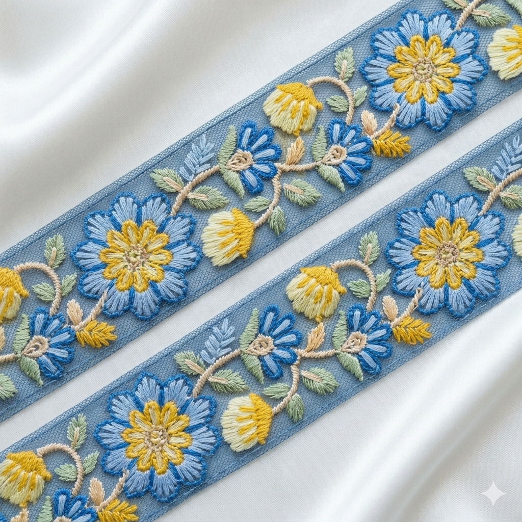 Handcrafted Floral Embroidered Net Lace Trim Border