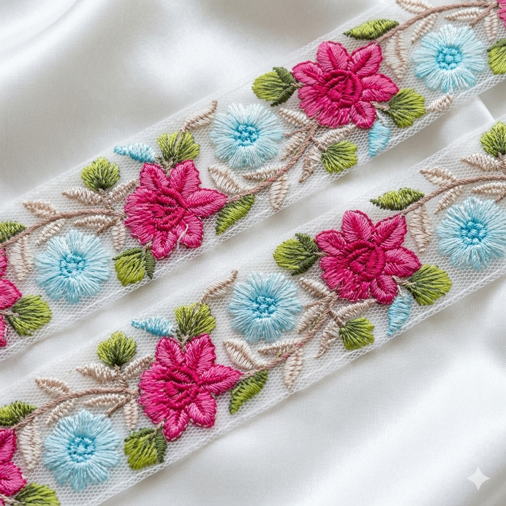 Floral Embroidered Net Lace Trim Border for Designer