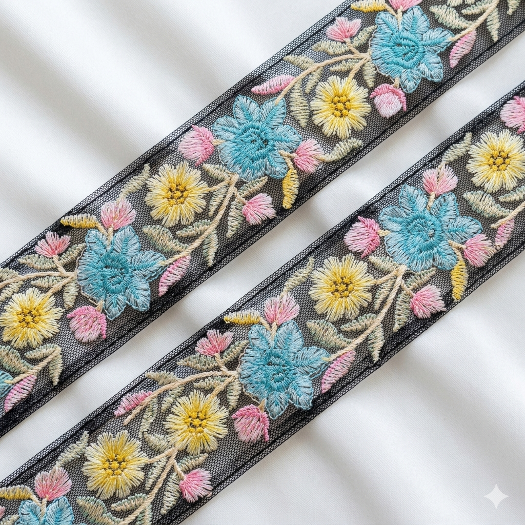 Floral Embroidered Net Lace Trim Border for Designer