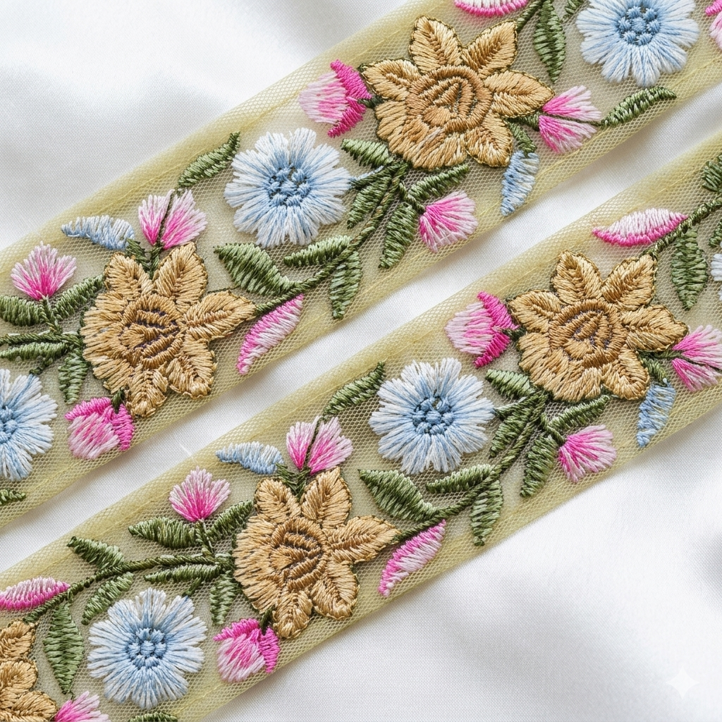 Floral Embroidered Net Lace Trim Border for Designer