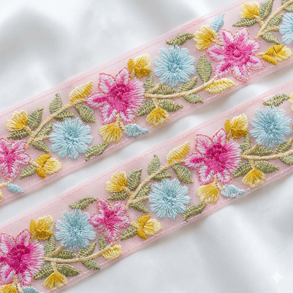 Floral Embroidered Net Lace Trim Border for Designer