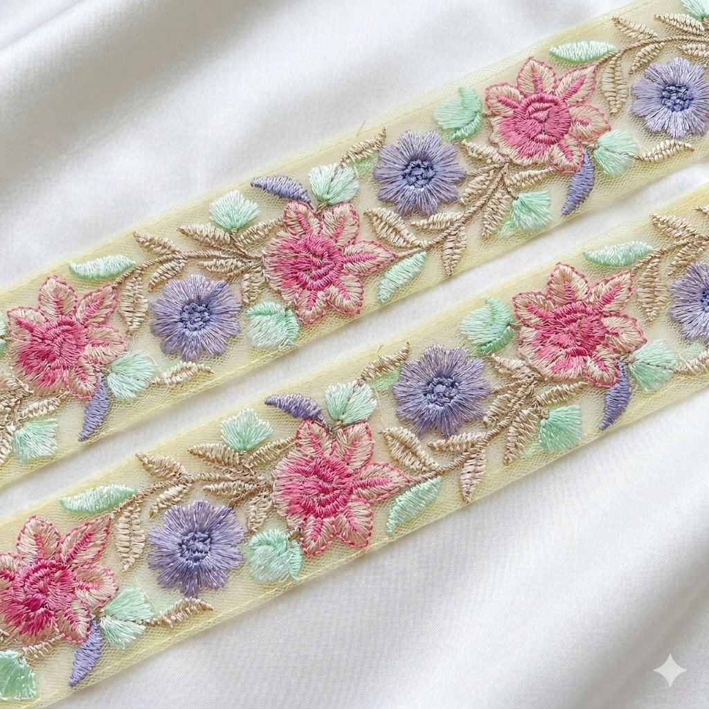 Floral Embroidered Net Lace Trim Border for Designer