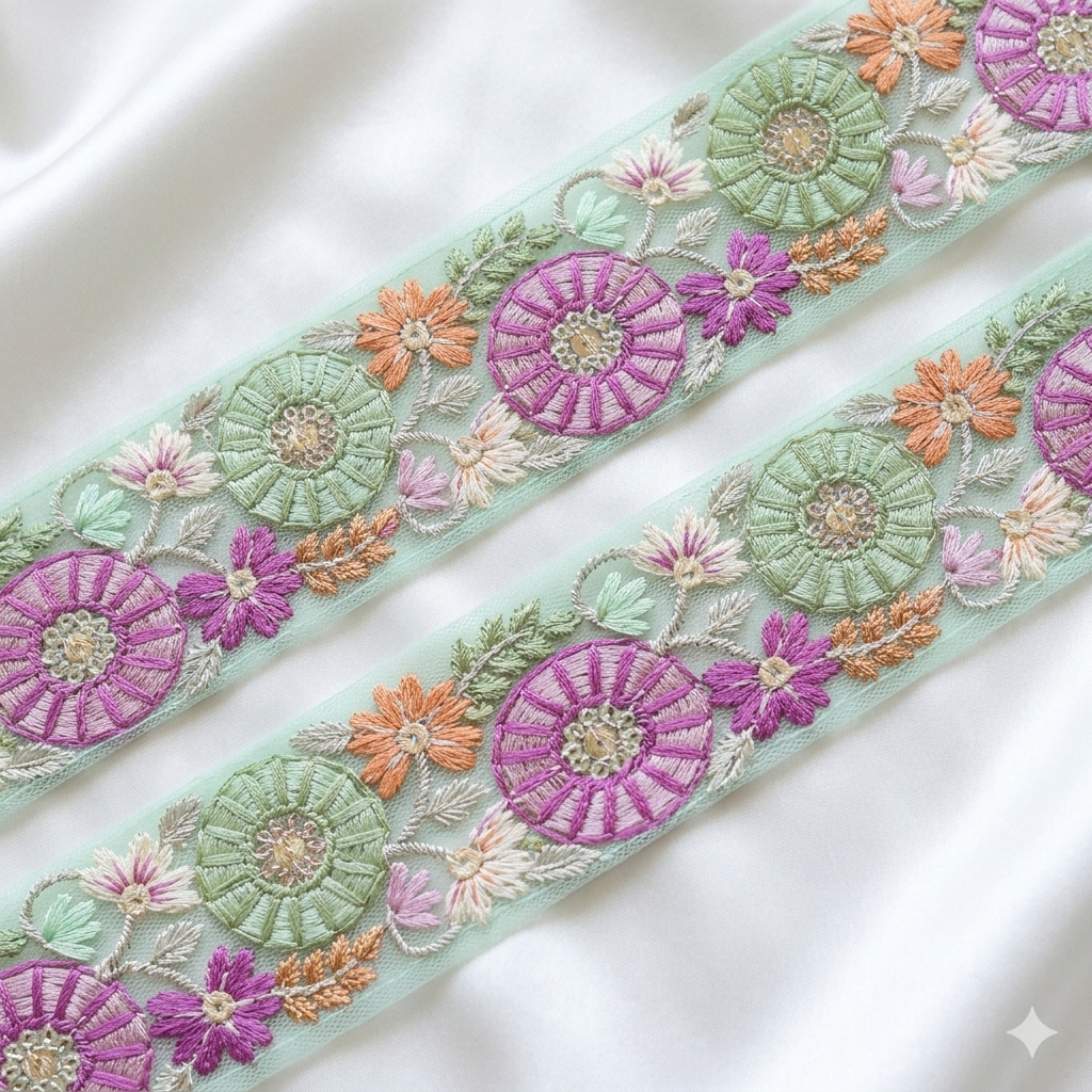 Handcrafted Floral Embroidered Lace Trim with Circular Motif Detailing