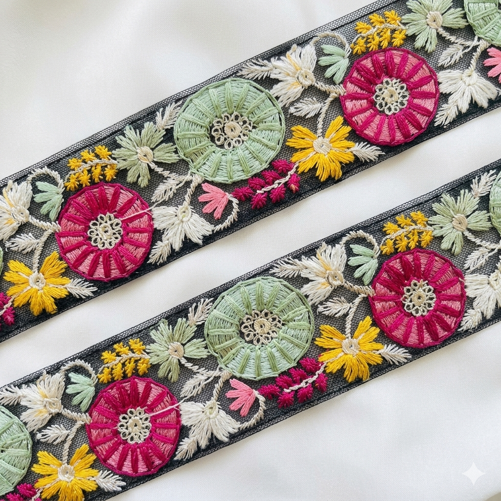 Handcrafted Floral Embroidered Lace Trim with Circular Motif Detailing